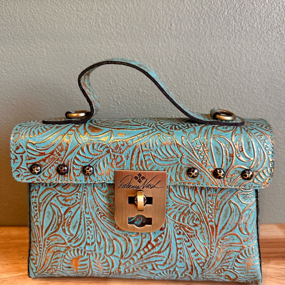 Patricia Nash Blue and Gold Mini Bag with Intricate Design